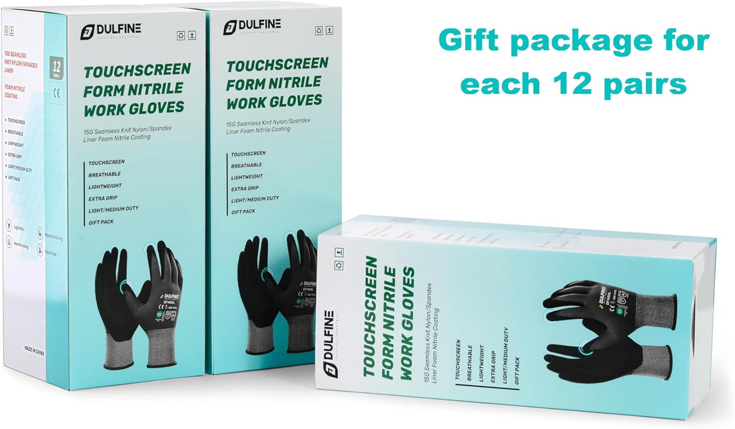 DULFINE Work Gloves for Men and Women,Hi-Vis Yellow Knit Nylon Glove with MicroFoam Nitrile Coated-12 Pairs Pack,Ideal for General Purpose,Automotive,Home Improvement,Painting(XX-Large)