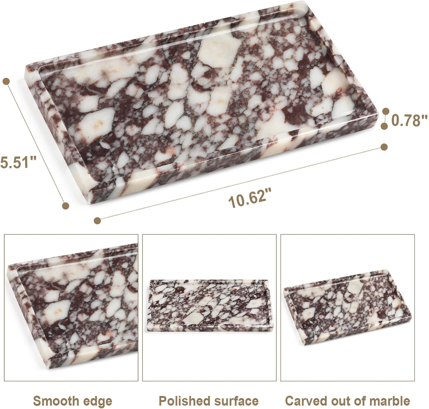 Natural Marble Vanity Tray - Moujings Genuine Marble Perfume Tray for Bathroom Decor, Stone Bathroom Vanity Organizer Tray for Kitchen Counter, Candles, Jewelry, Coffee, Makeup, Key