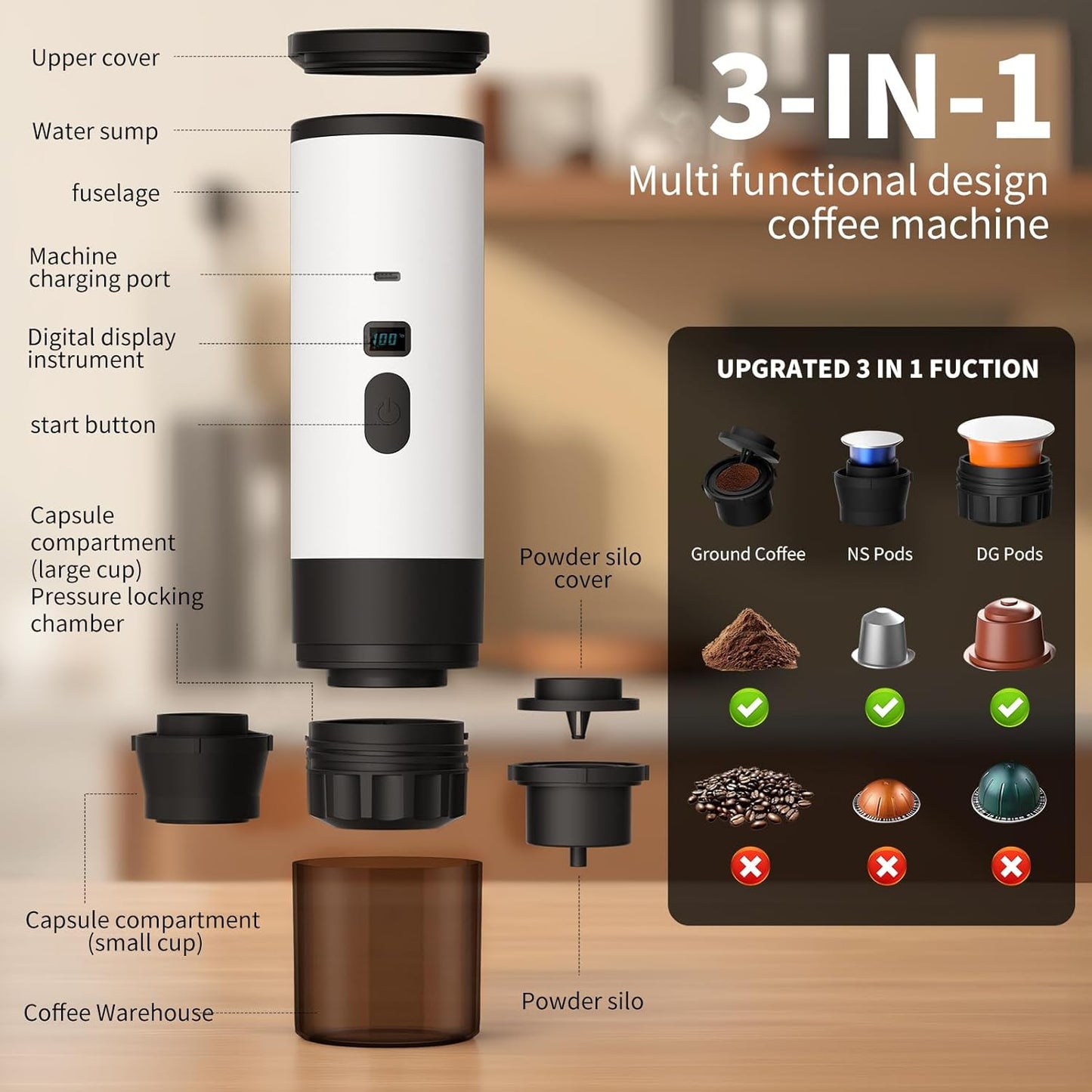 3-in-1 Portable Coffee Maker, Espresso Machine, Self-Heating Travel Coffee Maker Compatible with NS, DG Pods & Ground Coffee, Small Mini Espresso Machine for Car Camping, Hiking With Stand (white)