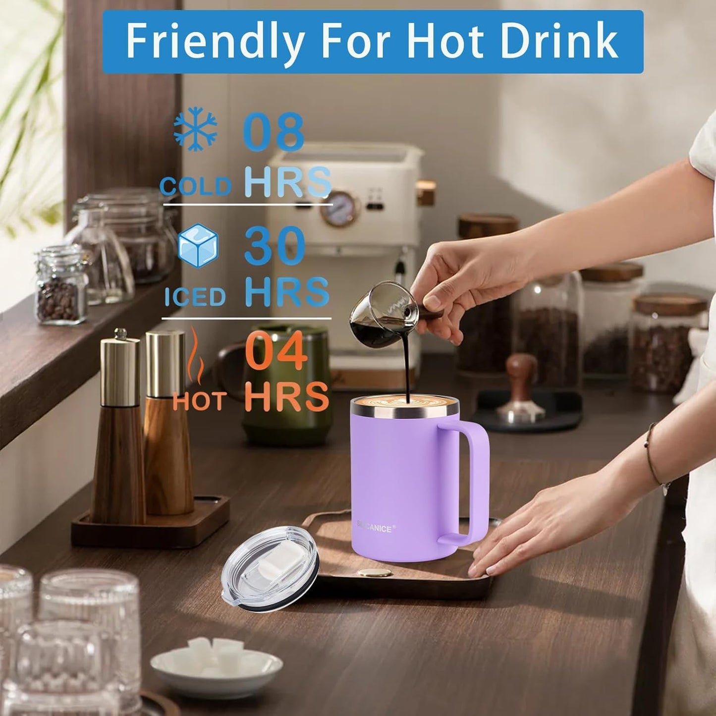 14 oz Purple Stainless Steel Coffee Mug, Reusable Travel Tumbler with Lid & Handle – Dishwasher-Safe Thermos Cup for Women, Ideal for Office/Travel Use with Hot/Cold Drinks