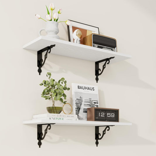 RICHFOCUS Floating Shelves for Wall Decor, 24Inch Rustic Shelves Set of 2, 24W x 8D Floating Shelves Wall Mounted with Metal Brackets, Wood Shelves for Living Room Bedroom Kitchen, White