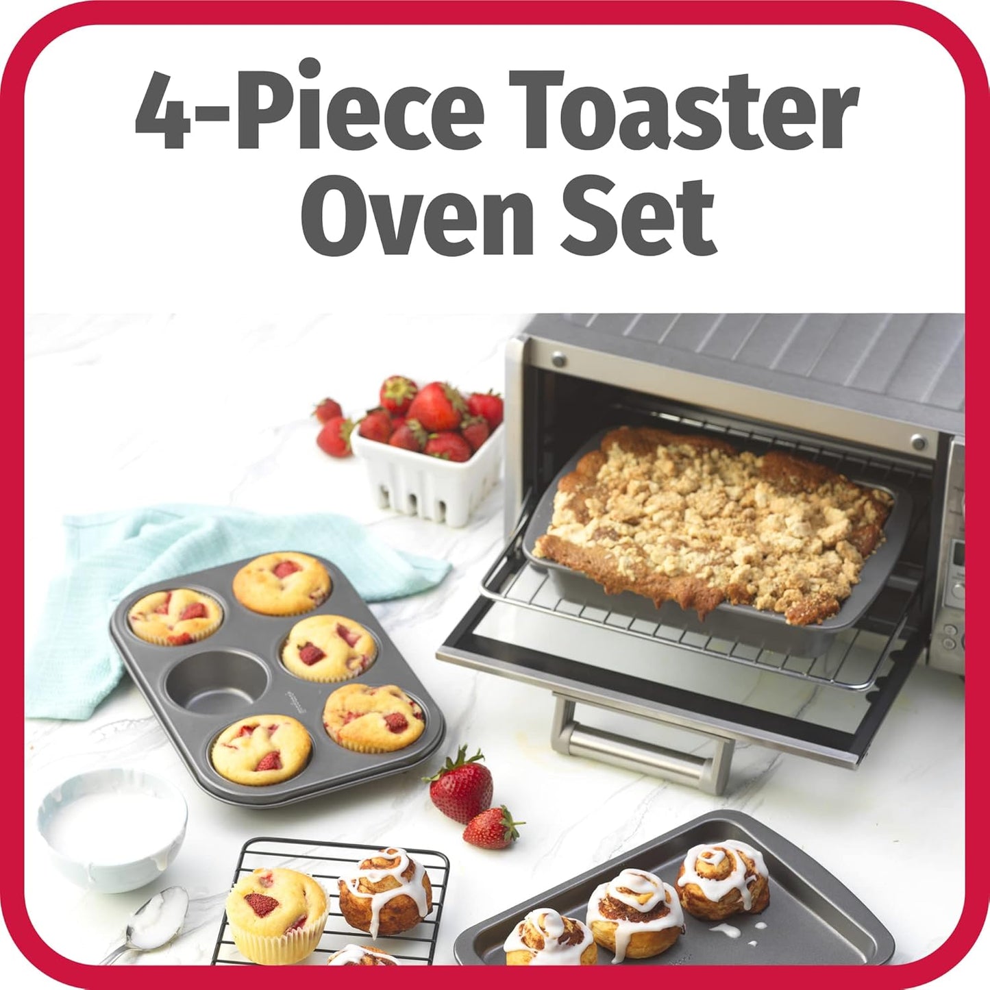 GoodCook 4-Piece Nonstick Steel Toaster Oven Set with Sheet Pan, Rack, Cake Pan, and Muffin Pan, Gray, 4-Piece Set Distributes Heat Evenly, Nonstick Coating, Dishwasher-Safe