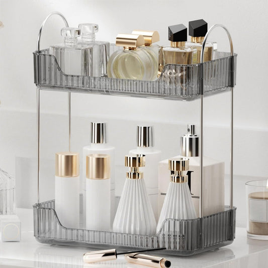 YCIA&DONE Bathroom Organizer Countertop, Makeup Storage, Skincare Cosmetic Tray Shelf, Perfume Holder Rack for Vanity Counter, Large Capacity, Easy to Install, Clean, 2 Tiers, Smoky Gray