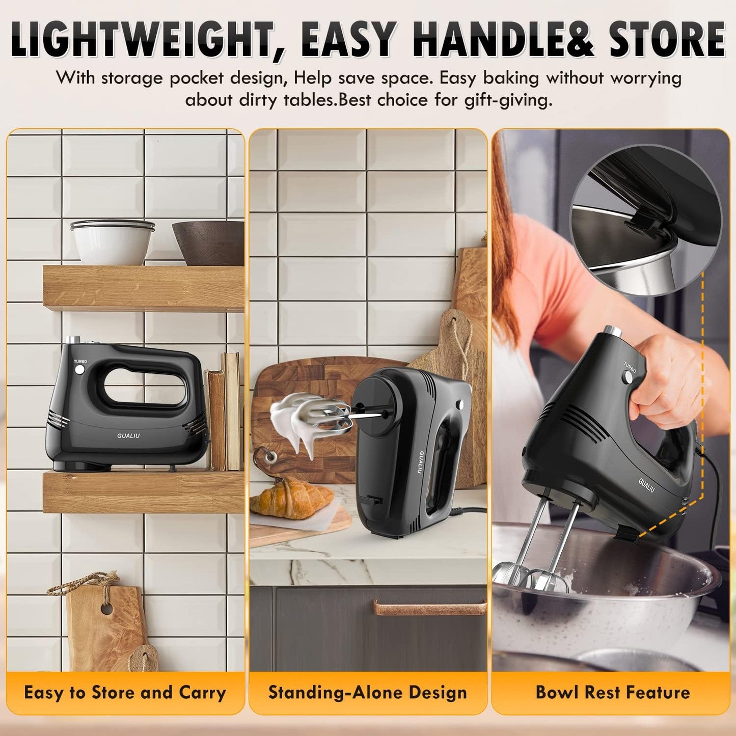 Electric Hand Mixer with Stainless Steel Whisk, Dough Hook Attachment and Storage Bag, Handheld Mixer for Baking Cakes, Eggs, Cream Food Mixers. Turbo Boost /5 Speed Kitchen Blender