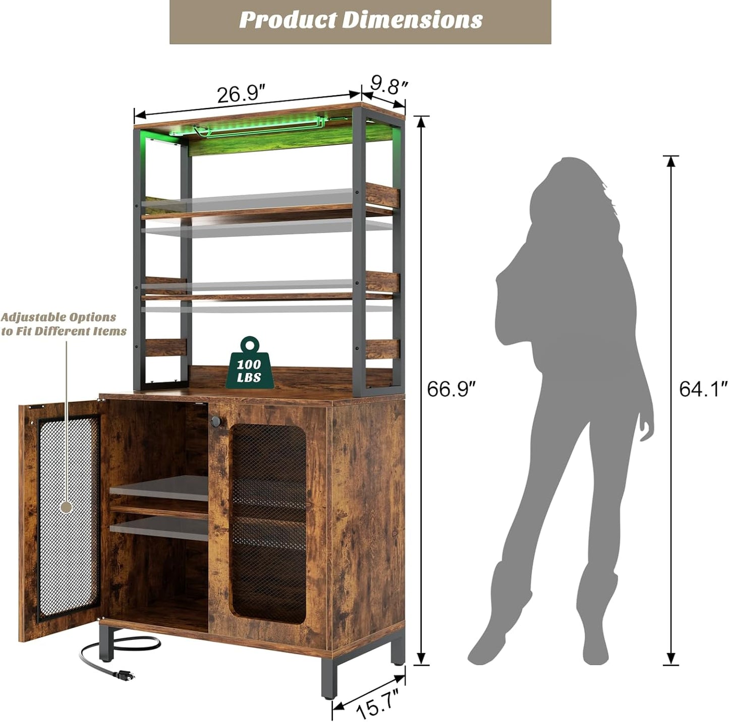 Aheaplus Bar Cabinet with Power Outlets, 67" Tall Wine Bar Liquor Cabinet with LED Lights & Glass Holder, Coffee Bars Station for Living Room, Microwave Stand Bakers Rack Cabinets, Rustic Brown
