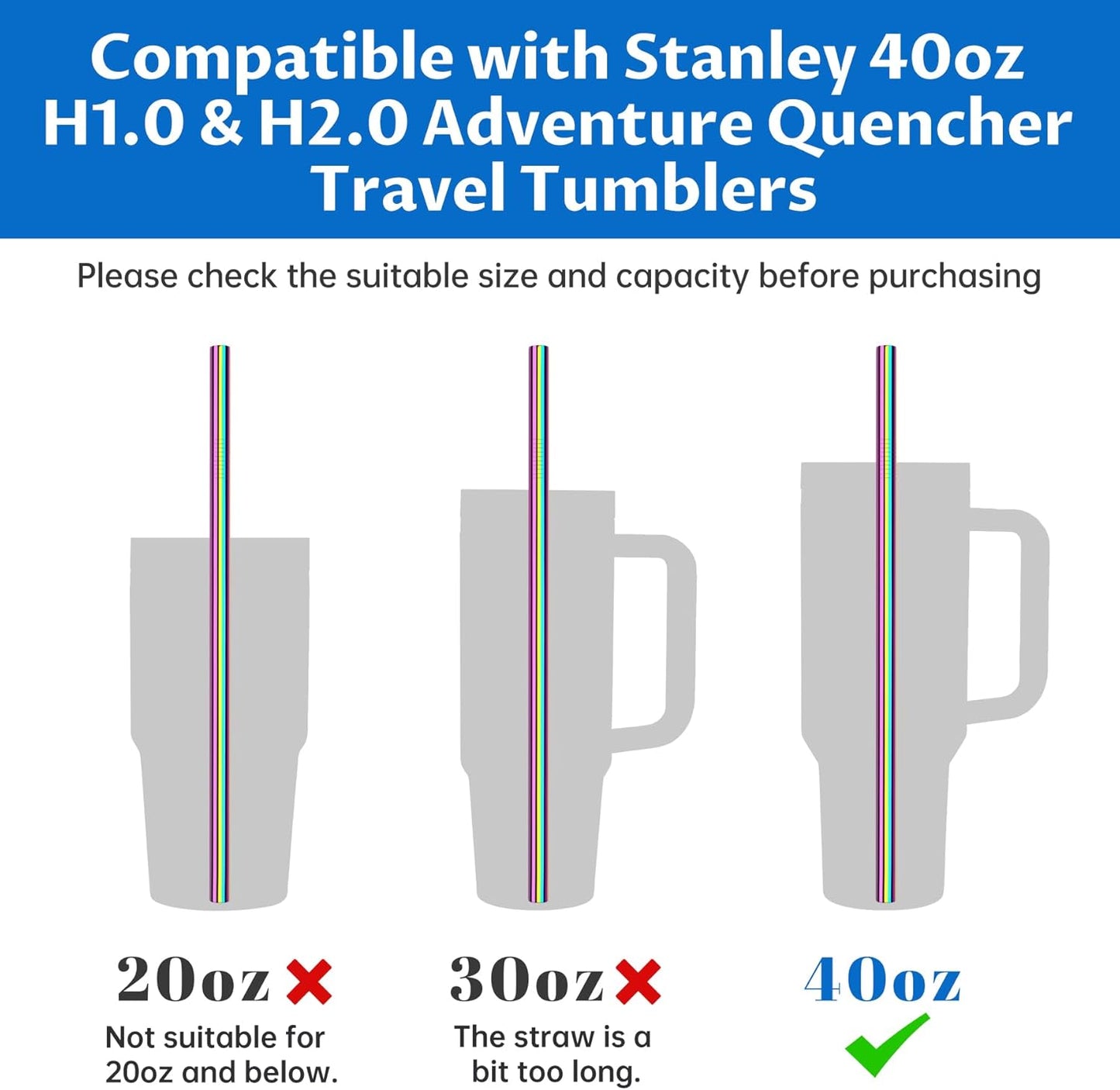 Tomorotec 40oz Straws, 14PCS Stainless Steel Replacement Straws for Stanley 40oz Adventure Quencher Travel Tumblers w/Cleaning Brushes 2PCS, Food-Grade, Dishwasher Safe for Smoothies (Metallic)