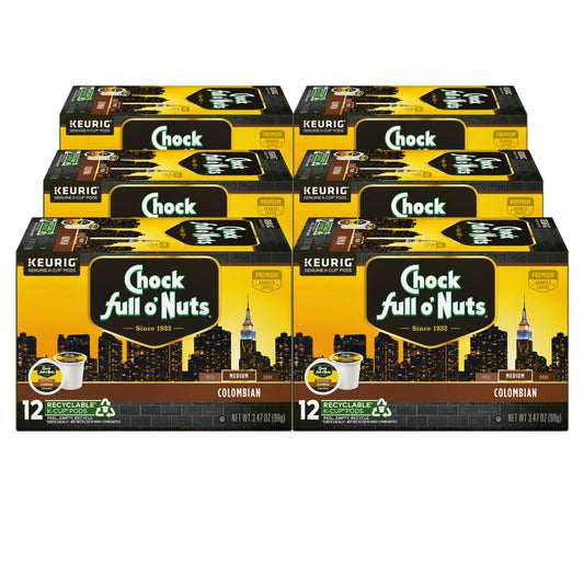 Chock Full o'Nuts Colombian Coffee, Compatible with K-Cup Pods, 12 CT (Pack of 6)