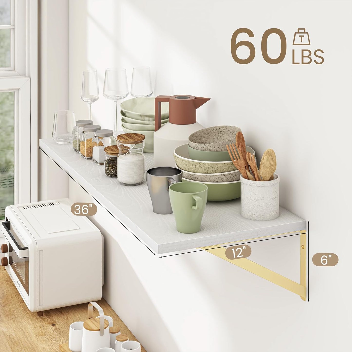 Dreamland White and Gold Shelves,36 inch Shelf, Large Floating Shelf 12 inch Deep Set of 2 for Bookshelf Living Room Bedroom Home Office Bathroom