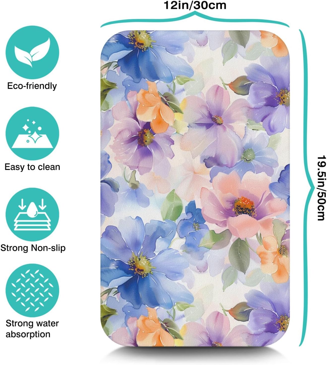 Floral Kitchen Counter Mat, 12 x 19.5 inches, Watercolor Design, Non-Slip Backing, Fast Drying