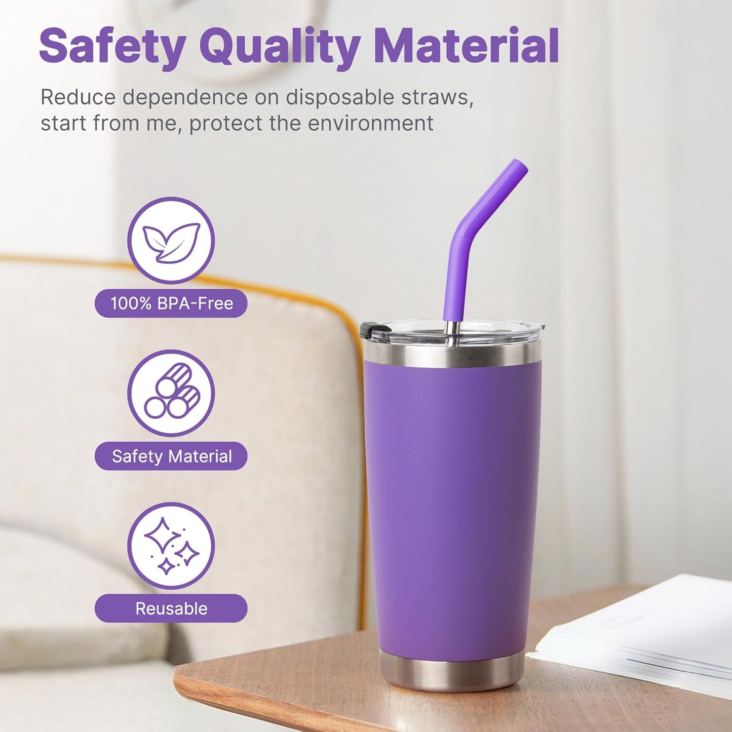 Stainless Steel Straws for 20 oz Yeti Tumbler, 5 Pcs Metal Straws Reusable with Silicone Tip for 20 oz Stanley Cup and 16 oz Glass Tumbler, Cleaning Brush, 1 Portable Bag