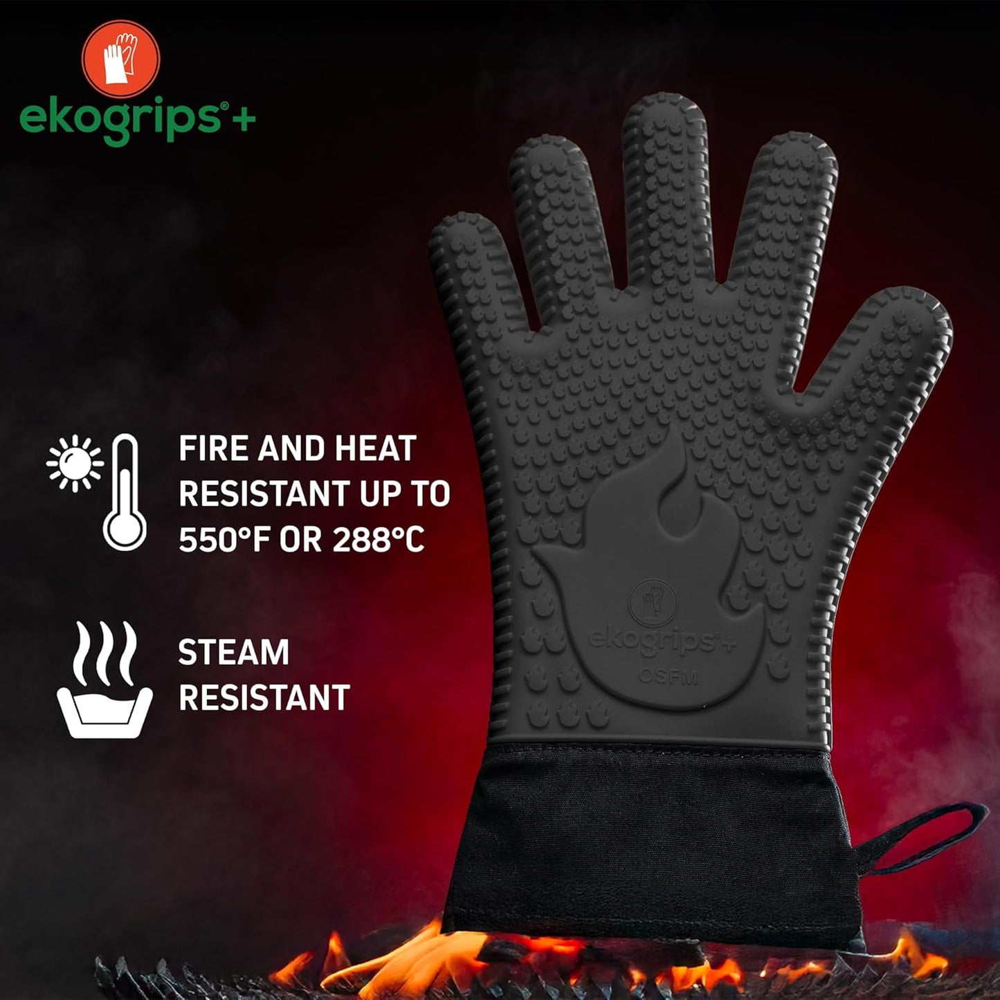 Ekogrips+ Premium Silicone Oven Mitts - Comfy, Waterproof, Heat Resistant BBQ Gloves for Grilling, Long Cuff for Added Protection, 5 Finger Dexterity, 3 Sizes, 4 Colors, L/XL, Black