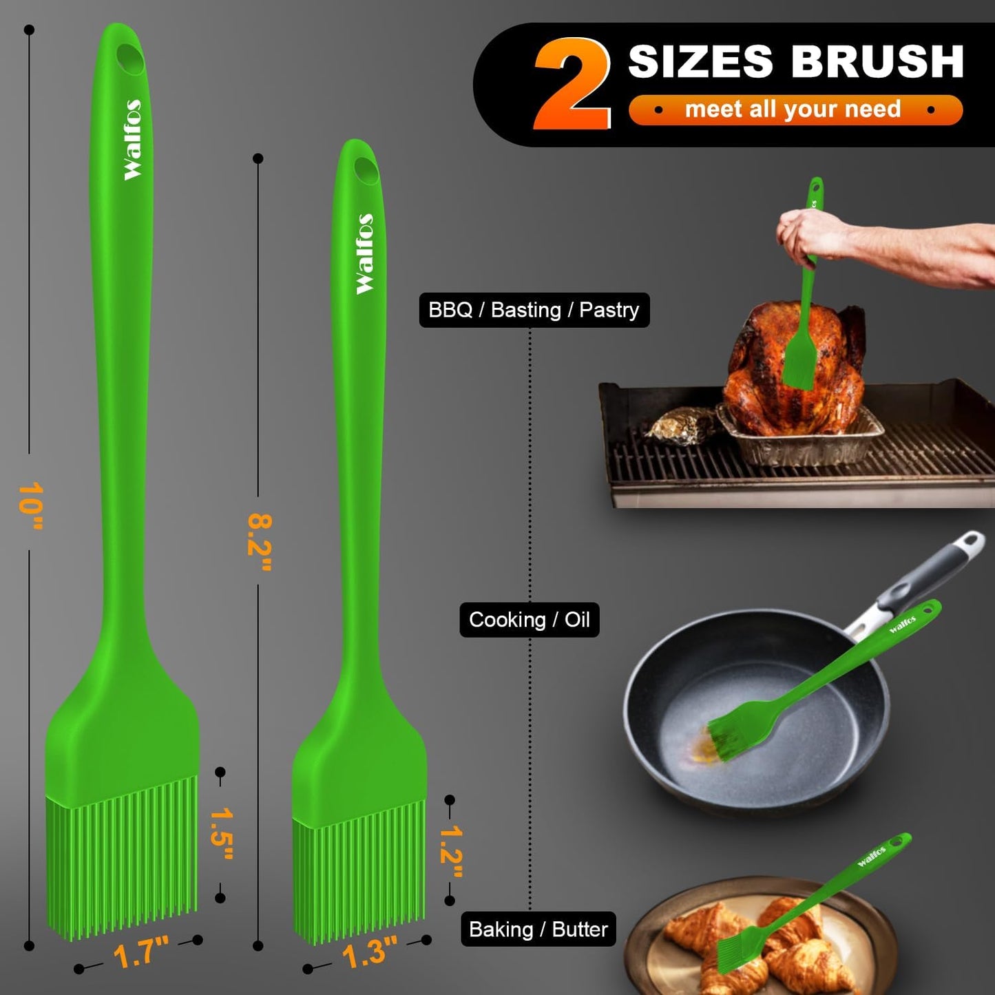 Walfos Silicone Basting Pastry Brush, Heat Resistant Pastry Brush Set, Strong Steel Core and One-Pieces Design, Perfect for BBQ Grill Baking Kitchen Cooking,BPA Free and Dishwasher Safe,2Pcs (green)