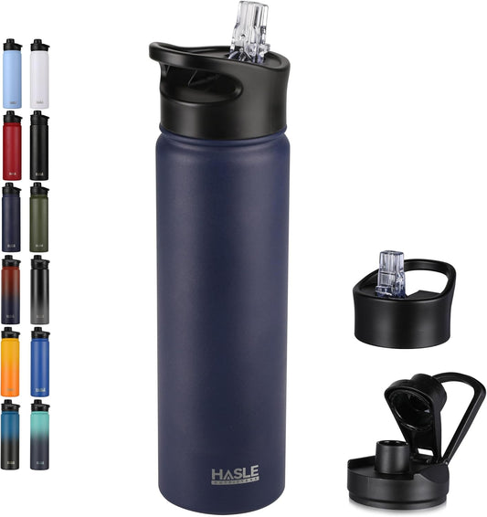 HASLE OUTFITTERS Insulated Water Bottle 22 oz Double Wall Stainless Steel Water Bottle Wide Mouth with Straw Lid & Spout Lid Keeps Cold or Hot(Navy,1)