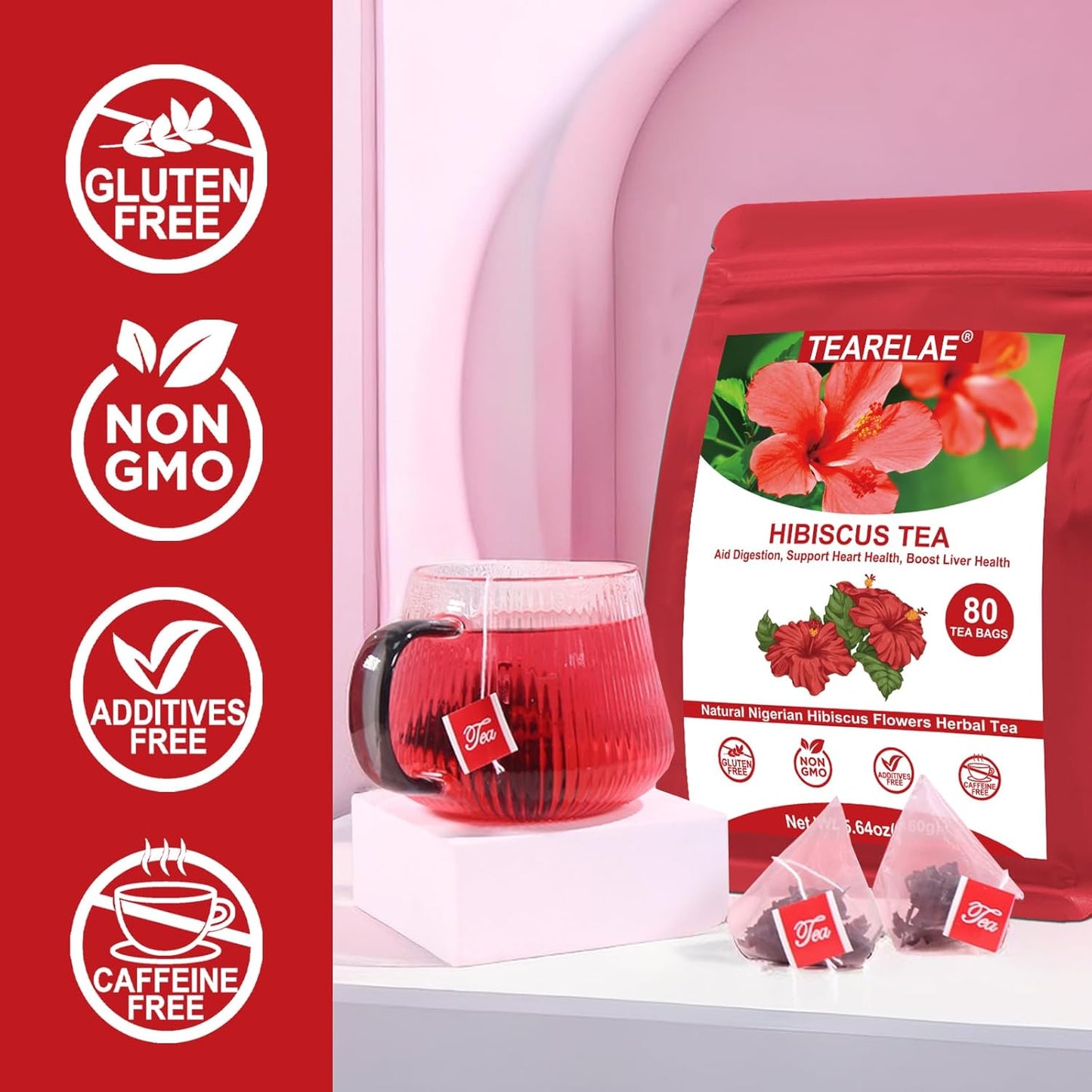 TEARELAE - Hibiscus Tea Bags - 2g x 80 Count - 100% Pure Hibiscus Flowers - Country of Origin Nigeria - Non-GMO - Caffeine-free - Aid Digestion & Support Heart Health