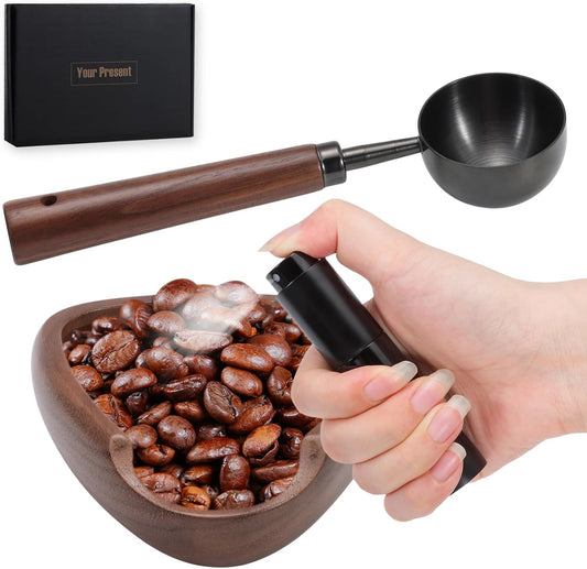 3pcs Coffee Bean Dosing Cup Set with Gift Box, Dosing Walnut Wood Cups Stainless Steel Spoon Portable Spray Bottle Static Reduction Precise Measuring for Espresso Tea Coffee Bar Accessories Kit