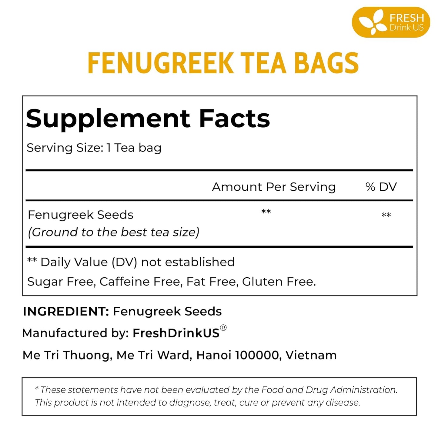 FreshDrinkUS, Premium 15 Tea Bags Fenugreek, 100% Natural & Pure from Fenugreek. Fenugreek Herbal Tea. Made with Natural Material Tea Bags. No Sugar, No Caffeine, No Gluten, Vegan.