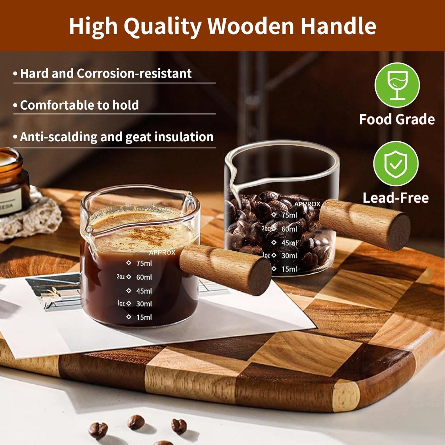 YARRAMATE 3.4oz Espresso Cups with Wood Handle, Clear Glass Espresso Accessories, Double Spout Measuring Cup with Dual Scale, Espresso Shot Glass with V-Shaped Spout