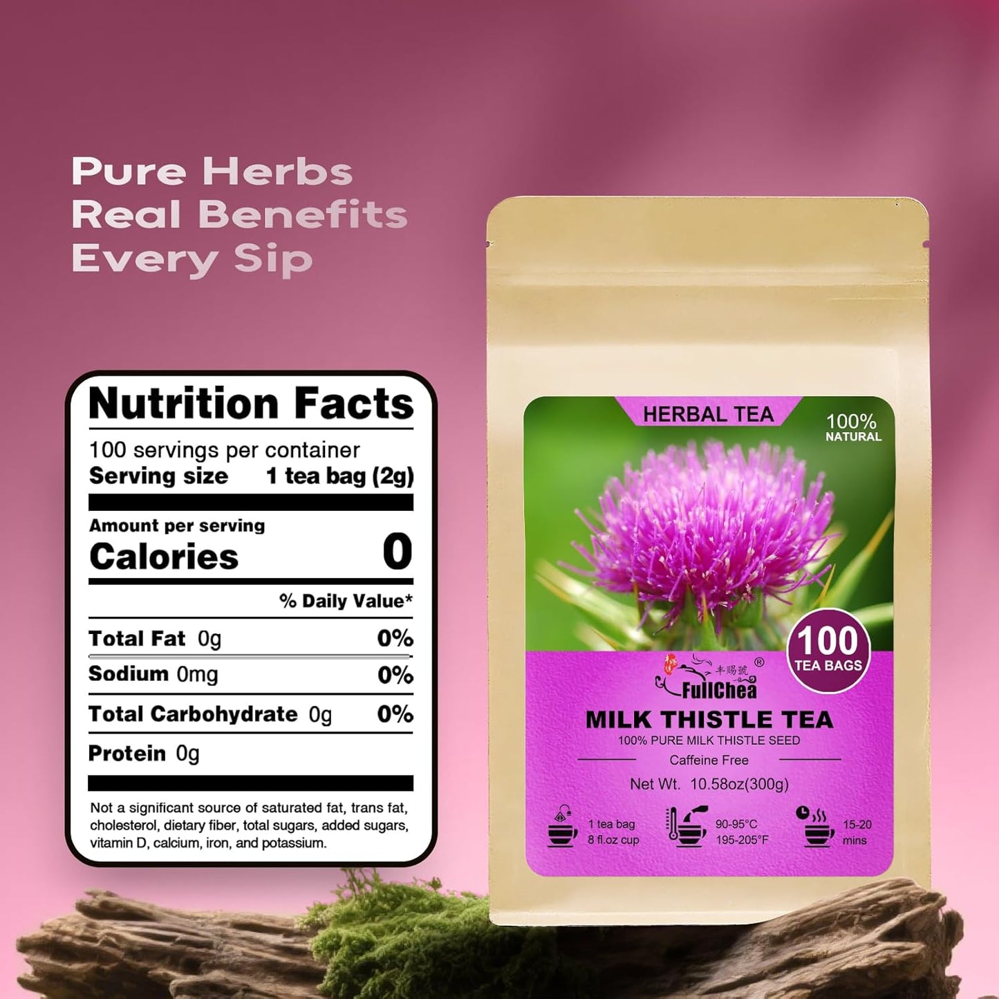 FullChea - Milk Thistle Tea Bags, 100 Count - Natural Liver Support & Detox - Premium Milk Thistle Seed - Caffeine-free Herbal Tea