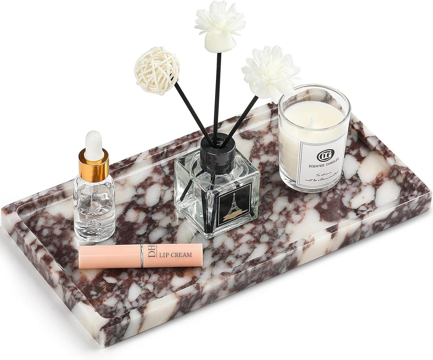 Natural Marble Vanity Tray - Moujings Genuine Marble Perfume Tray for Bathroom Decor, Stone Bathroom Vanity Organizer Tray for Kitchen Counter, Candles, Jewelry, Coffee, Makeup, Key
