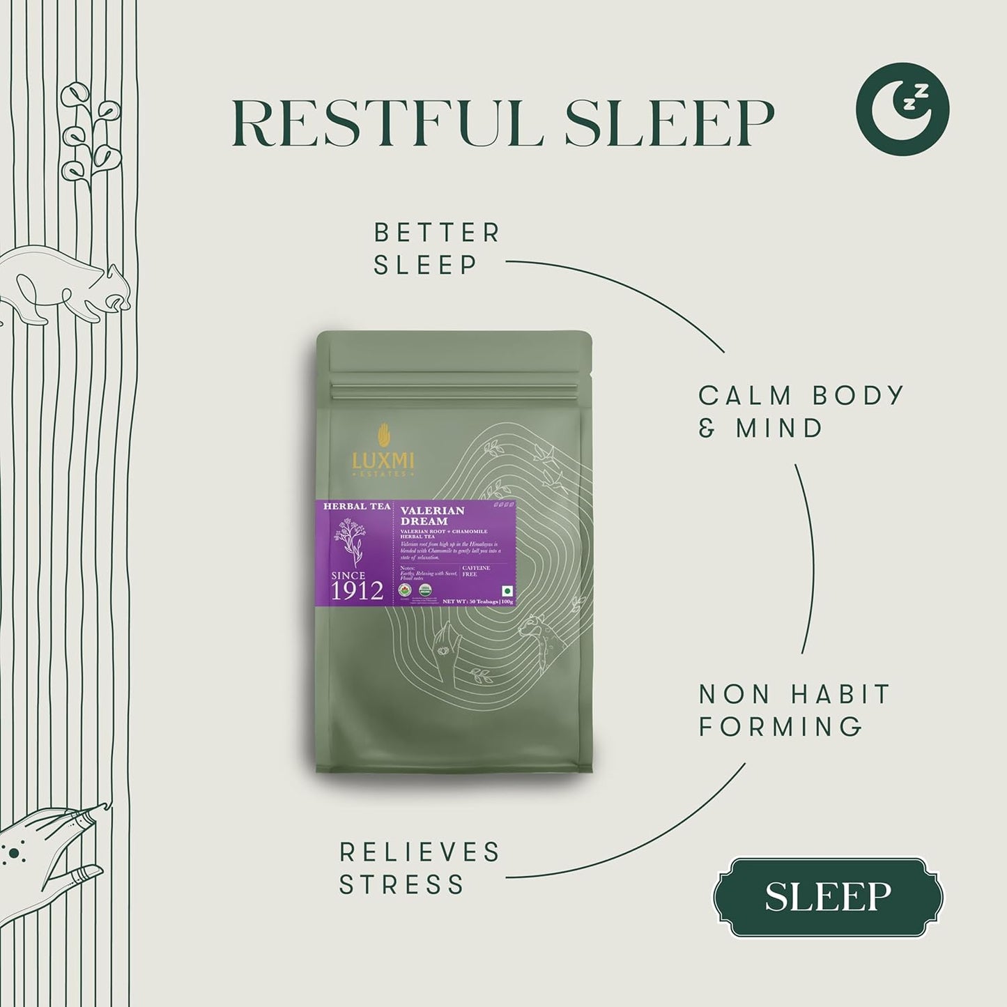 Luxmi Estates Valerian Dream Organic Valerian Root Tea (50 Tea Bags) Caffeine Free Tea For Sleep, Relaxing, Calming, and Stress Relief