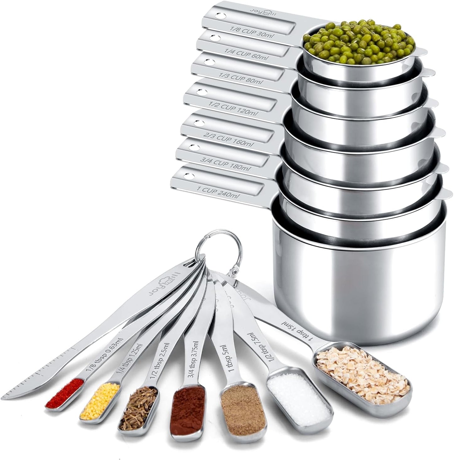 Joyhill Measuring Cups and Spoons Set of 15 Piece, Metal Stainless Steel Measuring Cups and Spoons Set for Baking Cooking, Dry and Liquid Ingredients