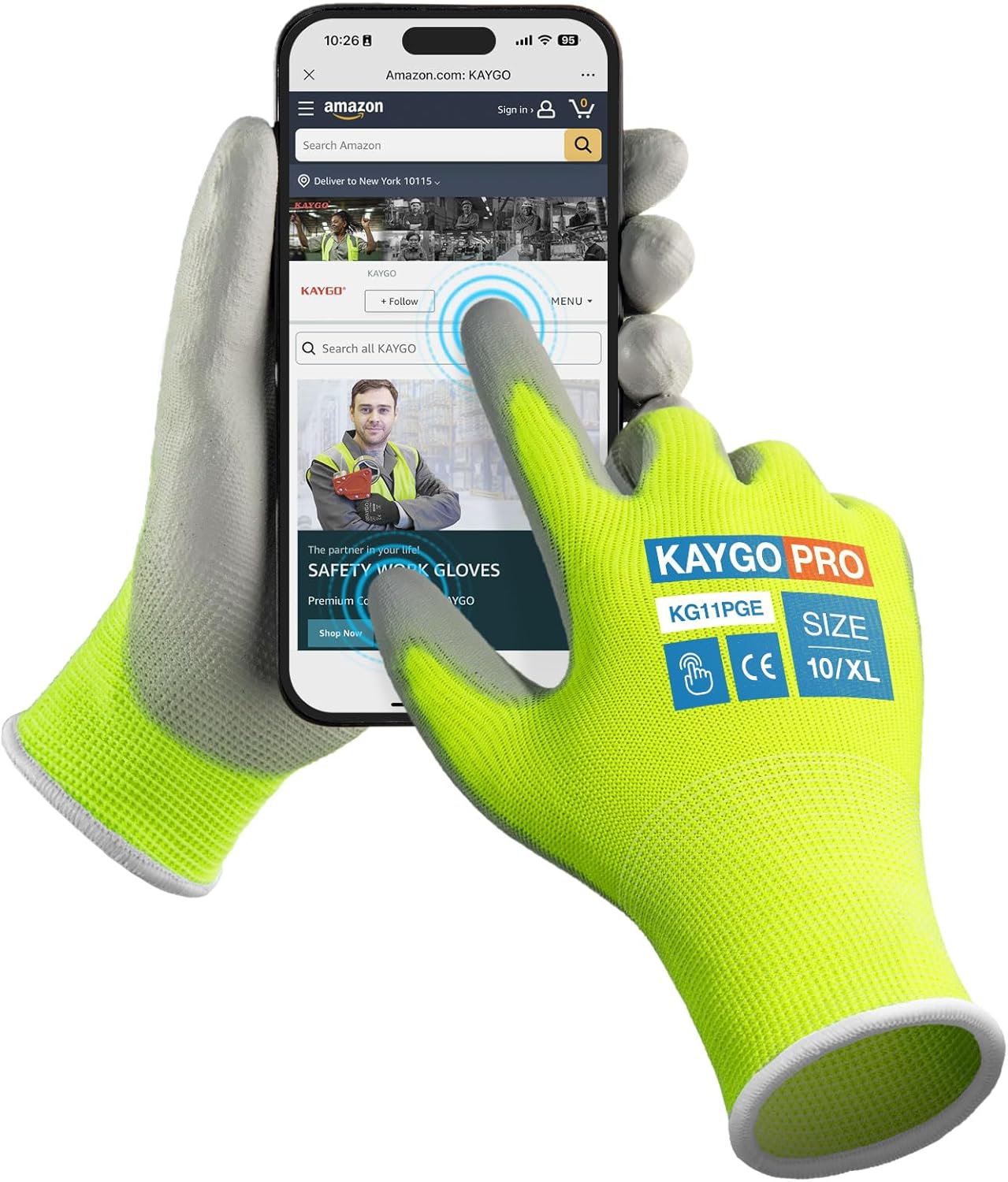 KAYGO Safety Work Gloves PU Coated for Men and Women- KG11P,12 Pairs,Seamless Knit Glove with Two Fingers Touchscreen,Ideal for General Duty Work (Green,XL)