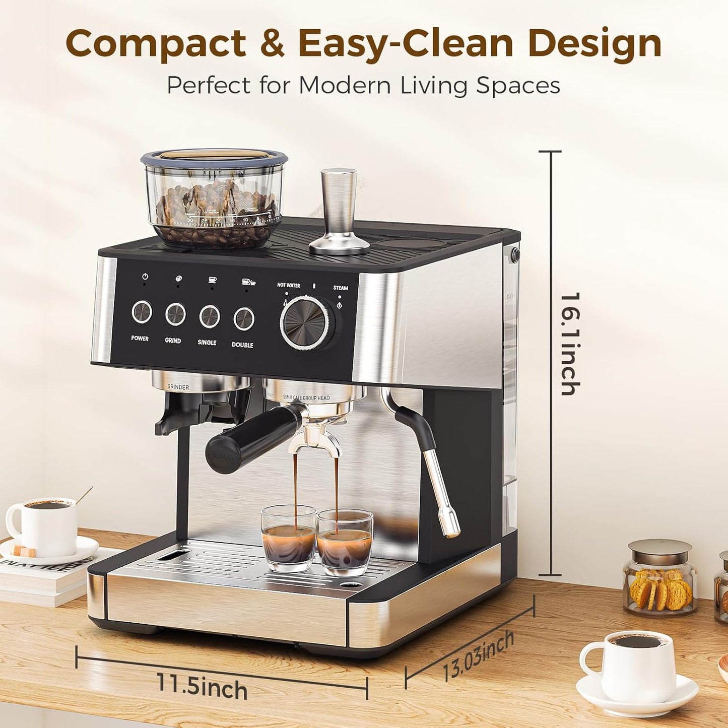 COWSAR (2025 New) Espresso Machines with Built-in Anti-Clog, 20 Bar Expresso Coffee Machines with Milk Frother Steam Wand, Tamping Tool, Espresso Machine with Grinder for Latte, Cappuccino, Americano