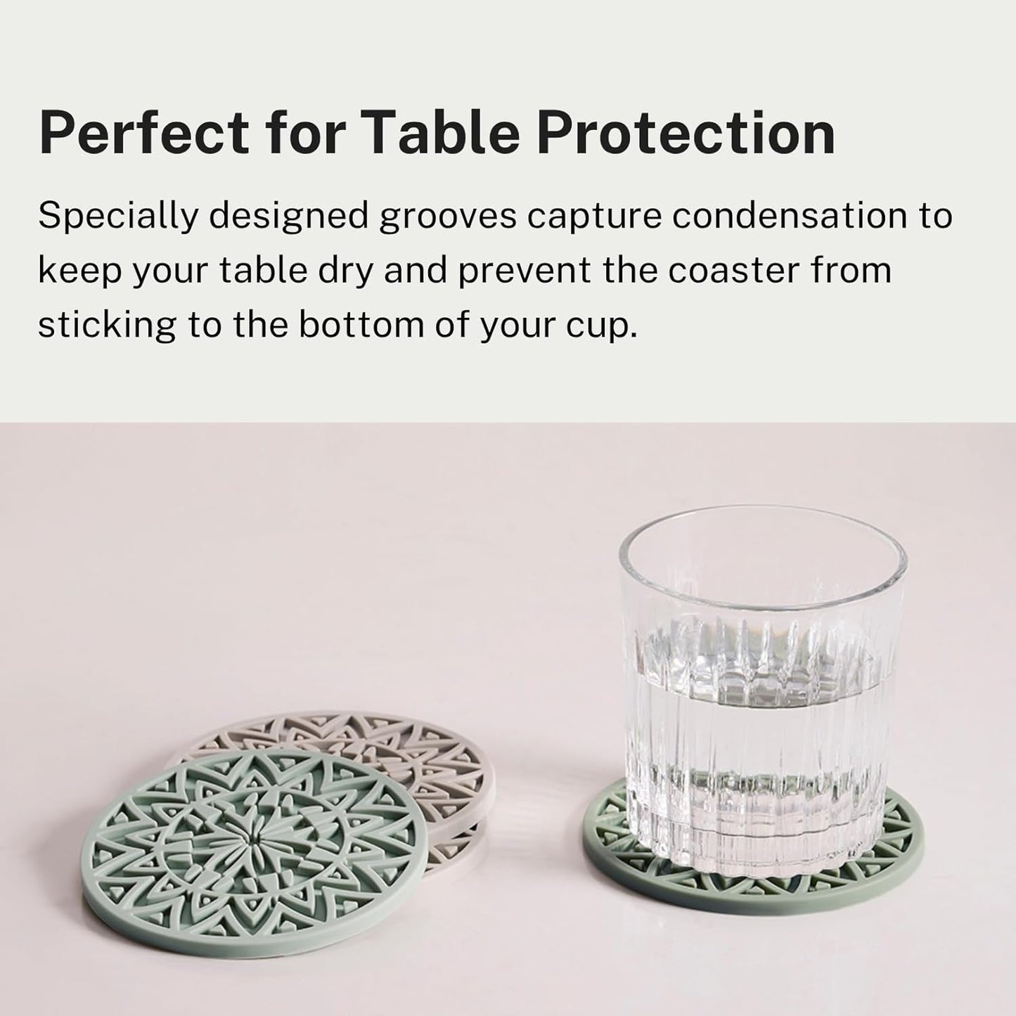 Set of 6 Olive Green Silicone Coasters with Holder, Drink Coasters with Tribal Pattern Shape- for Table Protection, Anti Slip, Nonstick, Heat Resistant, Deep Tray