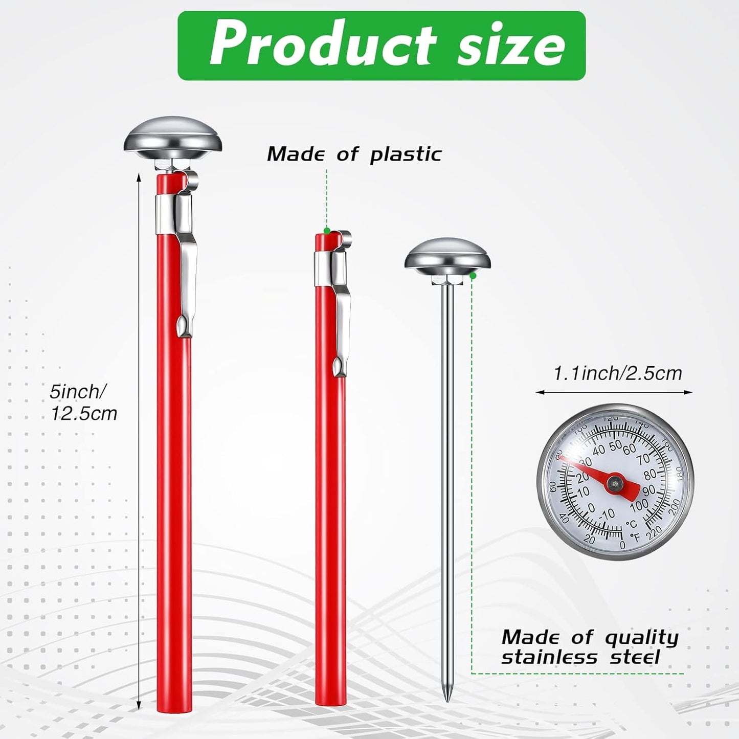 Xuhal 6 Pcs Stainless Steel Kitchen Thermometer with 5 Inch Long Stem 1 Inch Dial Thermometer Milk Frothing Food for Oven Probe Meat Grill BBQ Cooking Chocolate Water(Red)