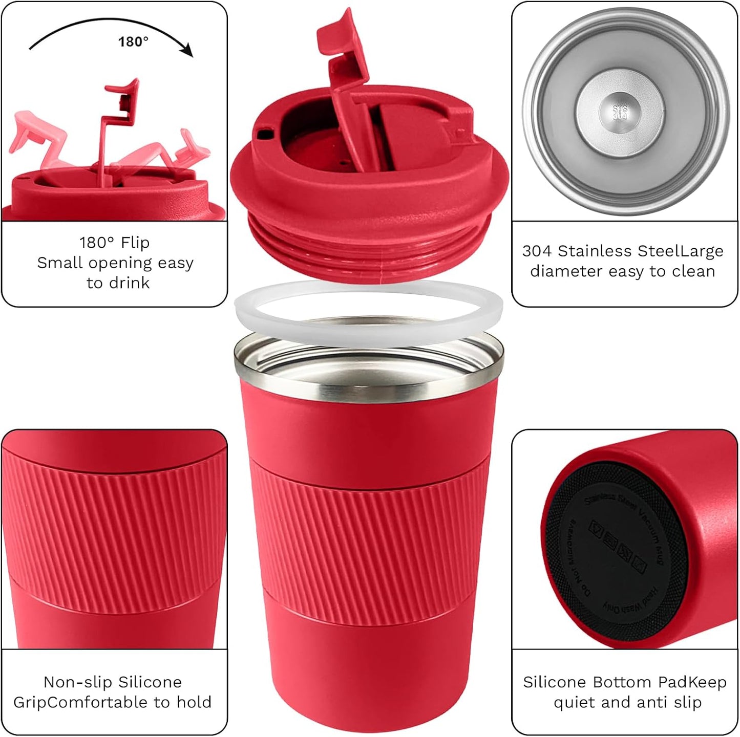 YINBAOGE Insulated Travel Coffee Mug Spill Proof Leak Proof Pobtable To Go Camping Stainless Steel Coffee Tumbler Reusable Coffee Cups with Lids Thermos for Hot and Cold Drink (Red, 12 OZ)