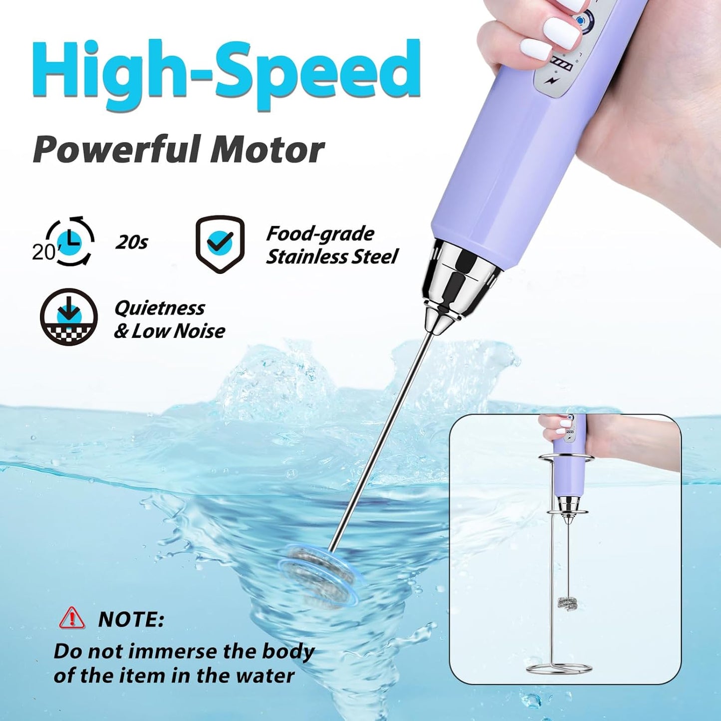 Milk Frother with Stand Rechargeable- Handheld Coffee Frother with 3 Stainless Whisks 3 Speed Adjustable, Electric Whisk Drink Mixer, Foam Maker Blender for Matcha Latte Cappuccino Chocolate