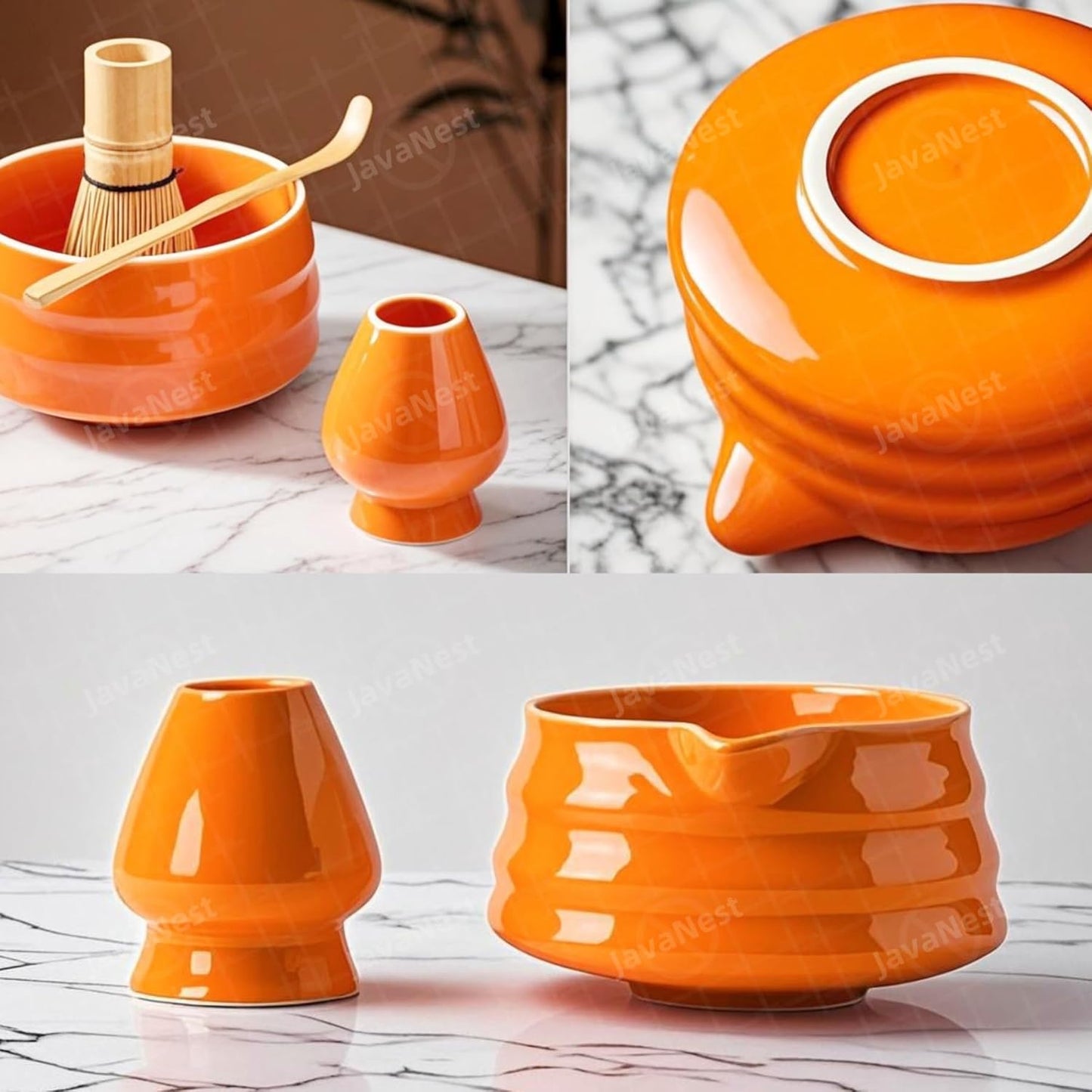 7-Piece Matcha Tea Set with Gift Card – 120-Prong Bamboo Whisk, Ceramic Bowl with Spout, Whisk Holder, Scoop, Spoon, Strainer & Scoop Holder – Ideal Gift for Matcha Lovers (Orange)