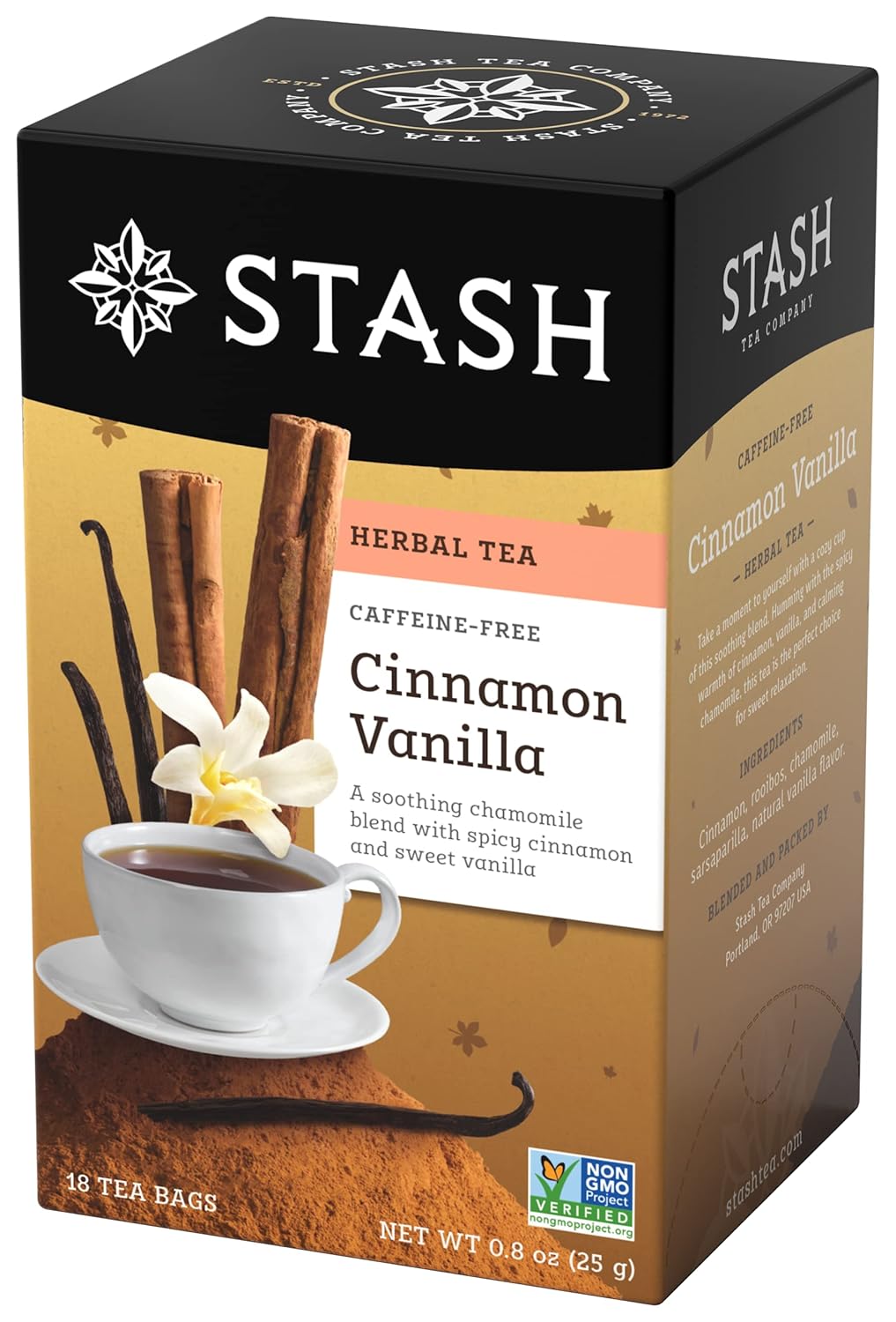 Stash Tea Cinnamon Vanilla Herbal Tea - Naturally Caffeine Free, Non-GMO Project Verified Premium Tea with No Artificial Ingredients, 18 Count (Pack of 6) - 108 Bags Total