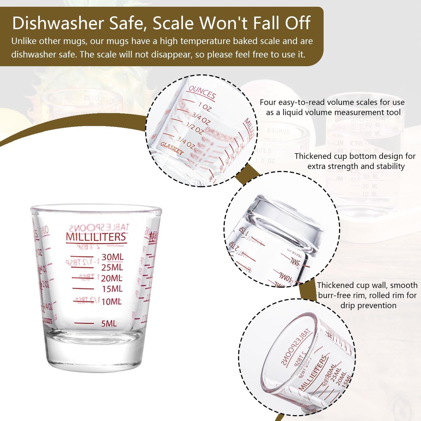 2 Pack Shot Glasses Measuring Cup,Espresso Shot Glass with 4 Kind of Scale (OZ/ML/TSP/TBSP),Dishwasher Safe,Perfect for Coffee,Cocktails and Kitchen Use (Red)