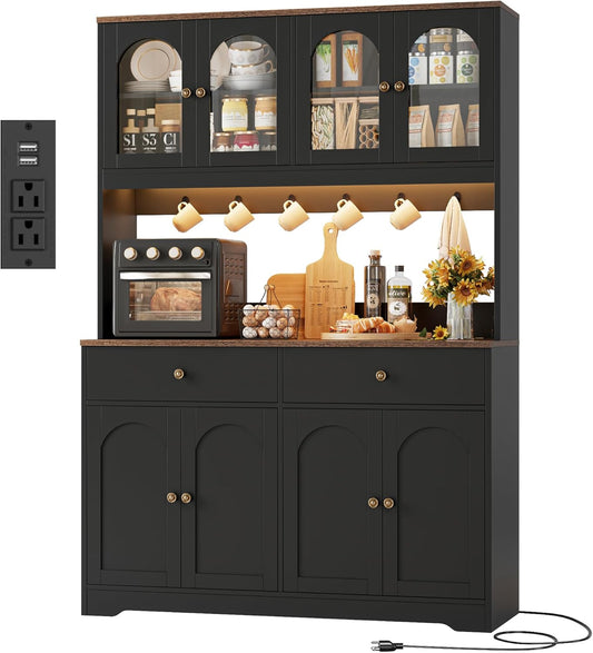 HIFIT 71" LED Kitchen Pantry Cabinet with Power Outlet, Large Kitchen Hutch Storage Cabinet with Arched Door & Shelves & 2 Drawers, Tall Farmhouse Coffee Bar w/Hutch for Home Dining Living Room, Black