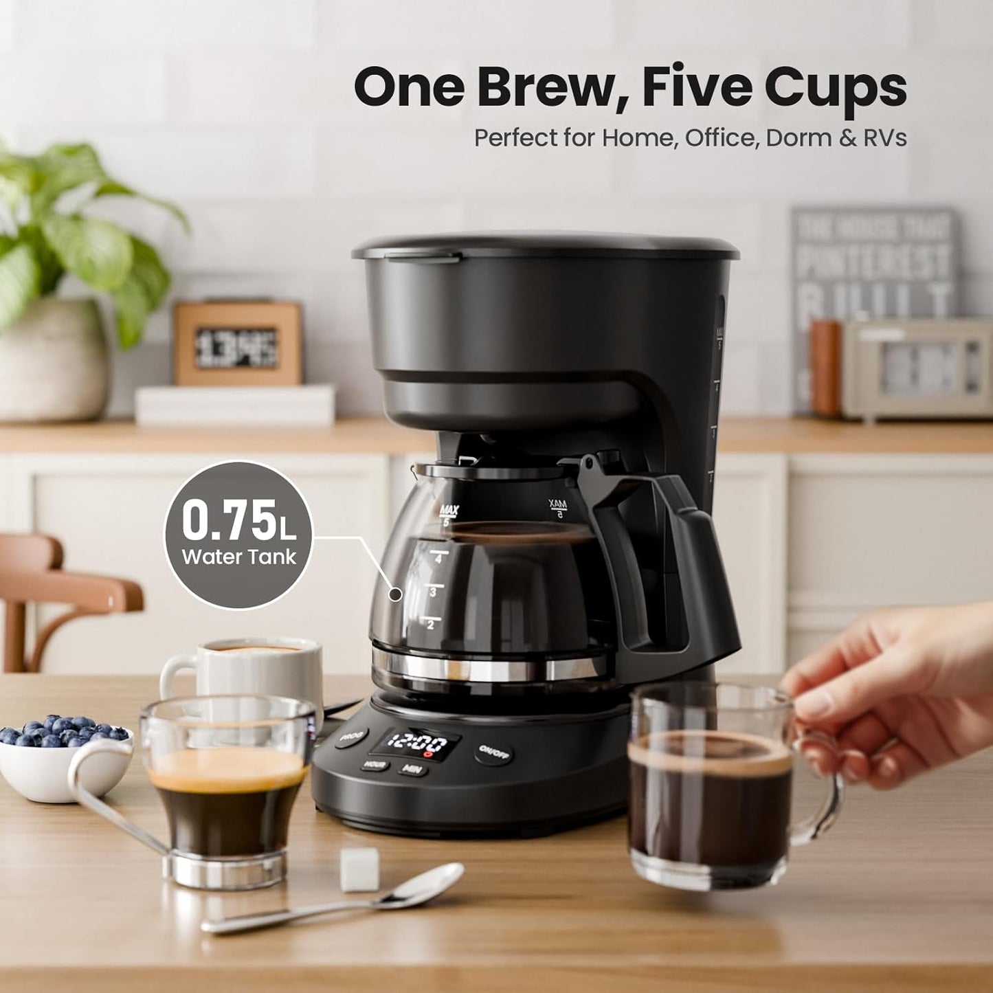 Kismile Compact Drip Coffee Maker, Anti-Drip System, 5 Cup Coffee Maker, Timer, Removable Funnel & Auto Shut-Off, Anti-Dry Protection, Perfect Small Coffee Machine for Home & Office (Black)