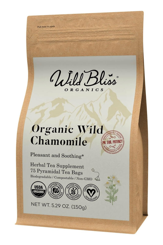 Wild Bliss Organic Chamomile Tea - Caffeine Free Calming Herbal Support - Pharmacopoeia Potency - 75 Plant Based Tea Bags