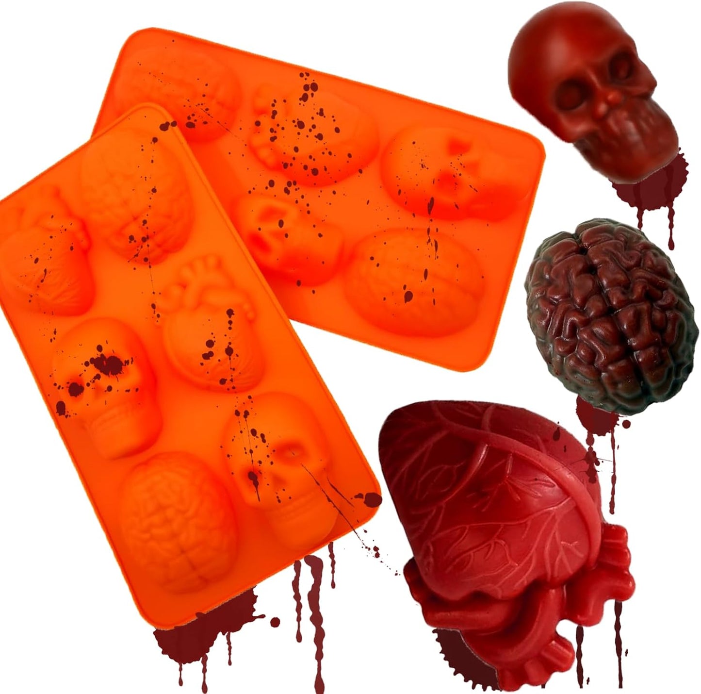 Halloween Silicone Molds & Gothic Chocolate Molds - 3D Skull, Heart, and Brain Halloween Baking Mold for DIY Cake, Chocolate, Jello, Ice Cube, Soap, Resin, and Candle Halloween Decorations