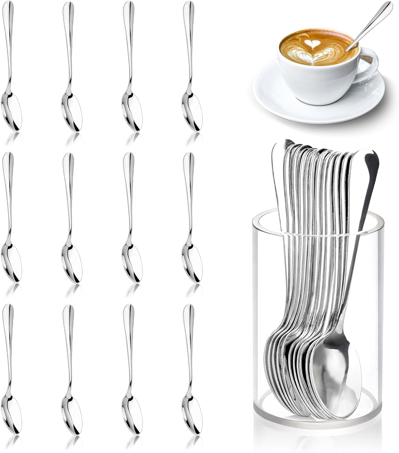 12 Pcs Mini Coffee Spoons with Holder 4.7 inch Demitasse Espresso Stainless Steel Spoons Tea Spoons set of 6 with Acrylic Cylinder Holder Small Coffee Spoons Silver for Coffee Bar Tea Party Home