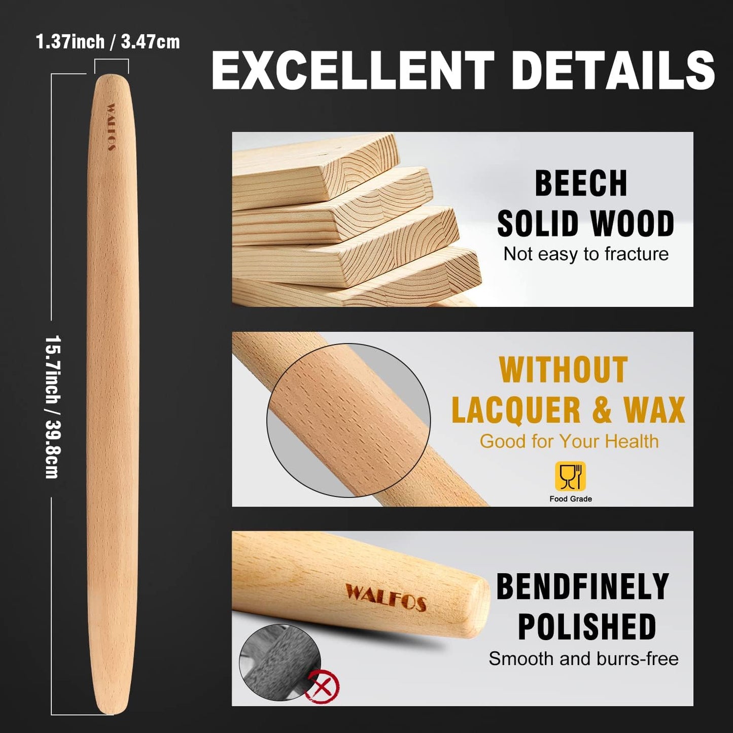 WALFOS French Rolling Pin and Silicone Baking Mat Set, Non-Stick Beech Wood Rolling Pin 15.7 Inch and Pastry Mat for Best Pie Crust, Cookie, Pasta and Pizza Dough