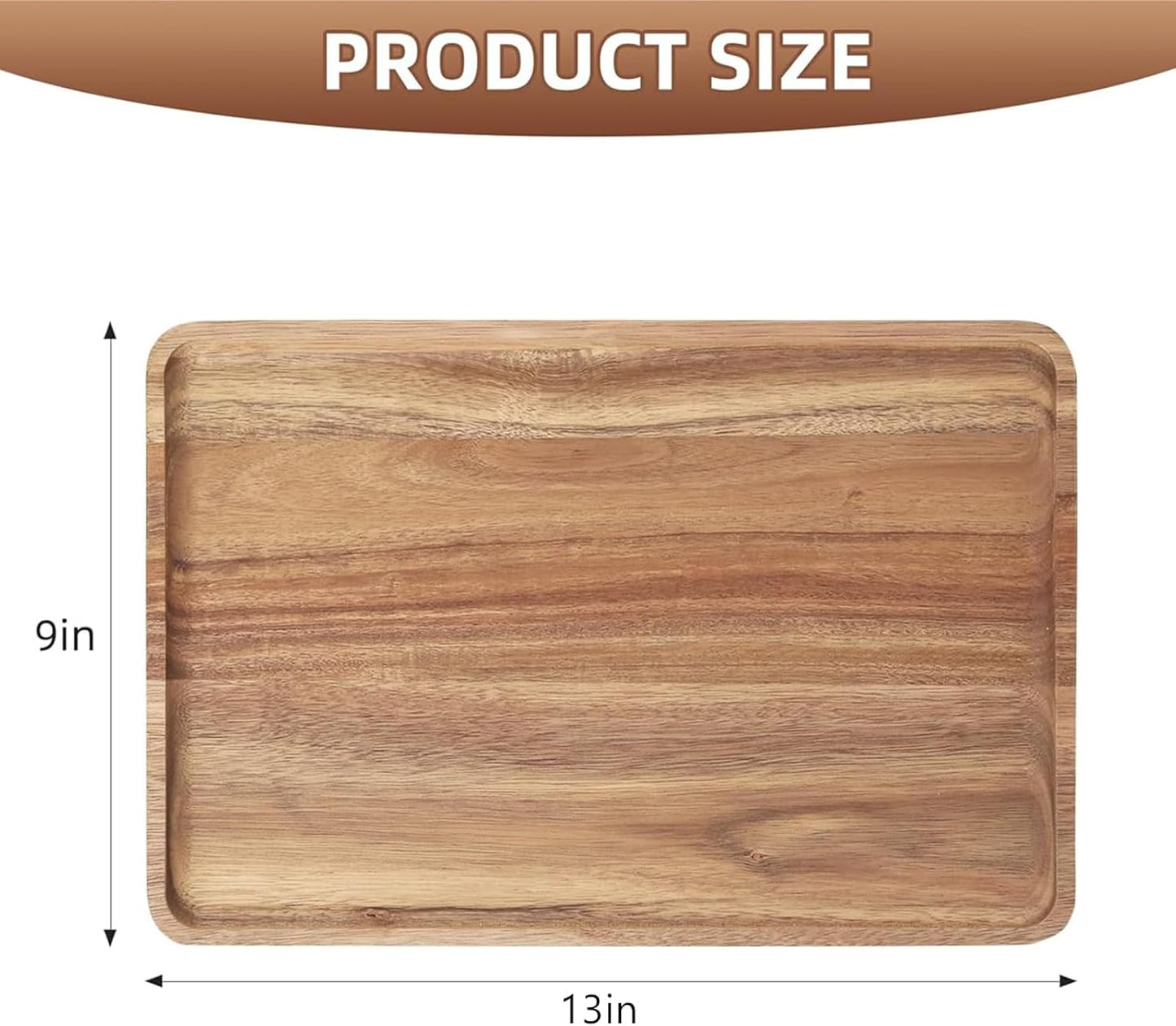 2 PCS Solid Acacia Wood Serving Trays 13 * 9 inch Rectangular Wooden Serving Platters Natural Wooden Boards for Bar Coffee Party（Wood Log Color）