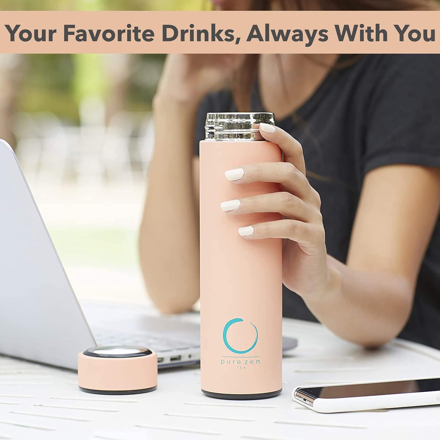 Pure Zen Tea Thermos with Infuser for Hot and Cold Infusions - Stainless Steel - Tea Infuser Bottle - Leakproof Travel Mug with Filter - 15oz - Pink