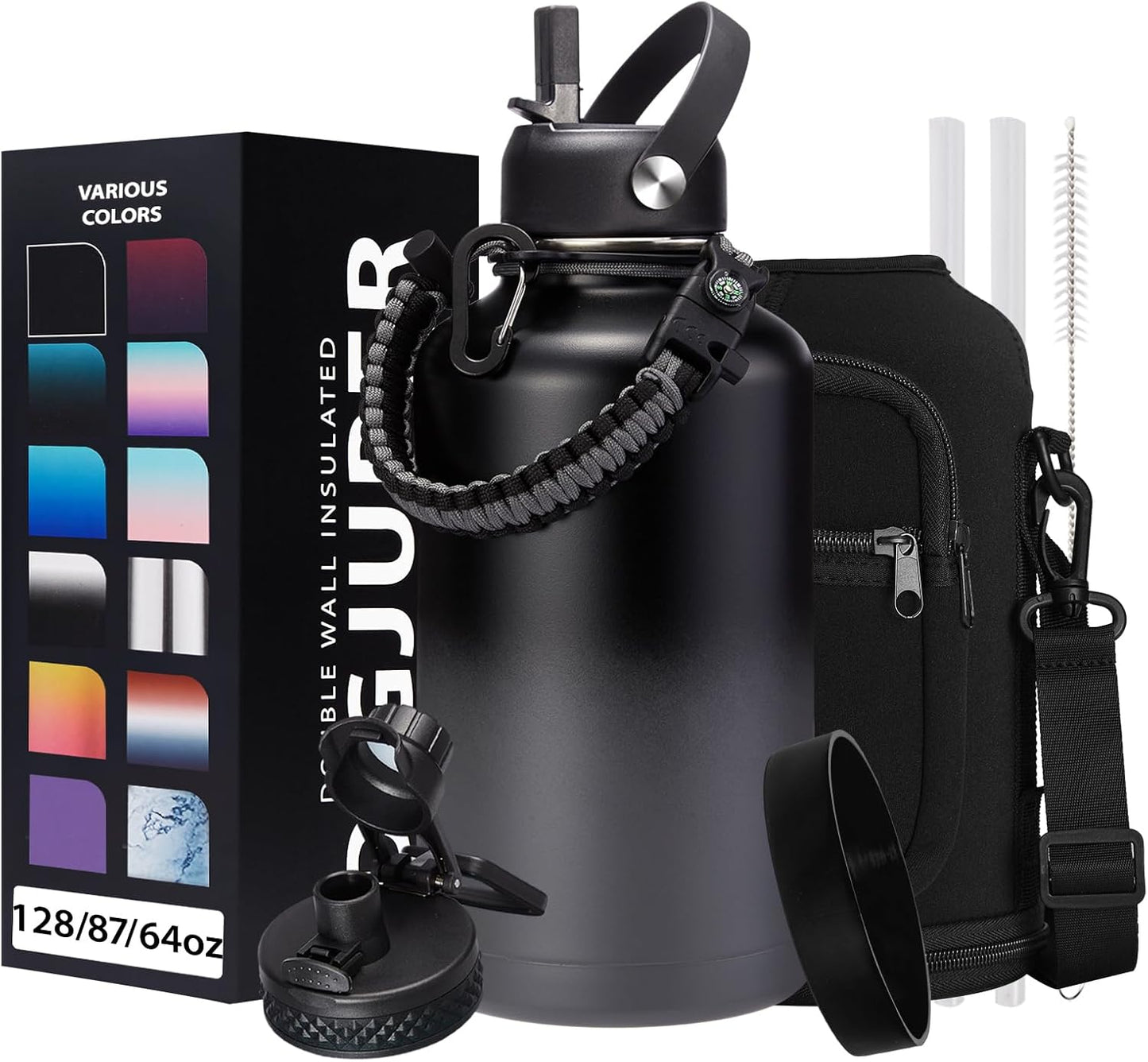 Half Gallon Insulated Water Bottle - with Straw & Spout Lid, Paracord Handle & Carrier Bag, Protective Cup Mat, 64oz Vacuum Stainless Steel Water Bottle, Metal Vacuum Flasks Keep Cold 48h Hot 24h