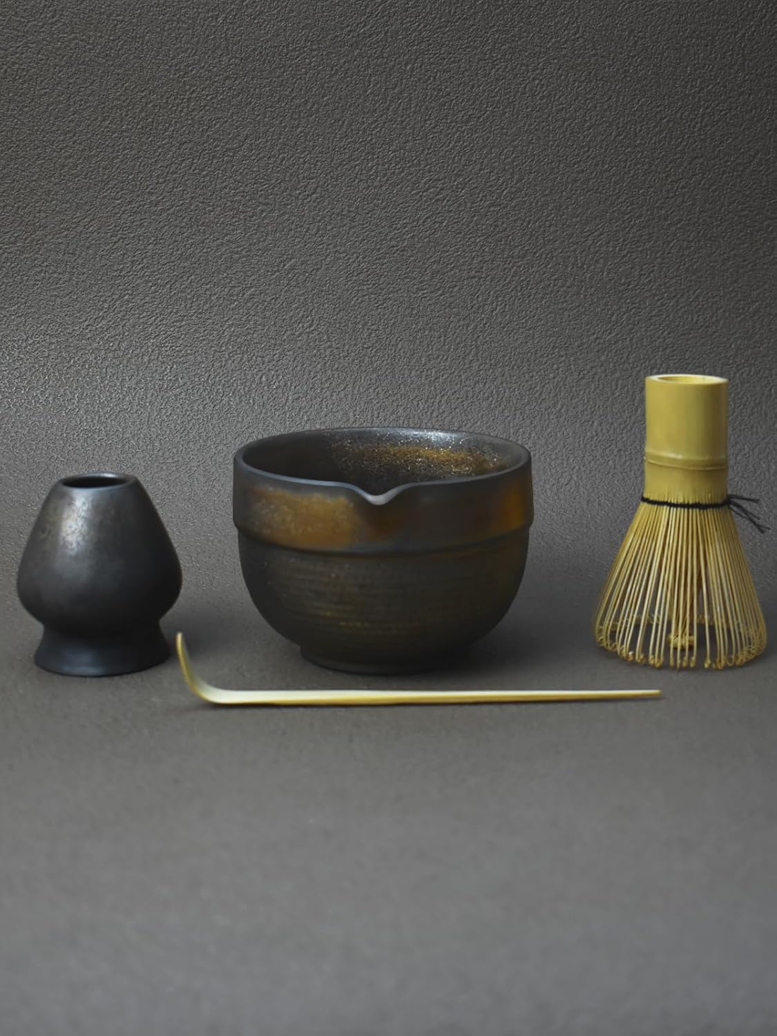 Artcome Luxury Matcha Tea Set – 4-Piece Japanese Matcha Kit with Black Rustic Glazed Bowl & Spout, Bamboo Whisk, Holder, Scoop & Manual – Handcrafted Ceramic Tea Ceremony Set