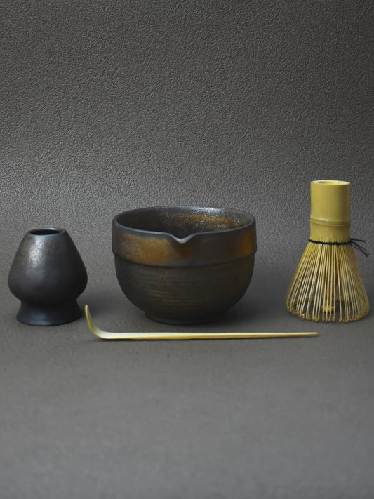 Artcome Luxury Matcha Tea Set – 4-Piece Japanese Matcha Kit with Black Rustic Glazed Bowl & Spout, Bamboo Whisk, Holder, Scoop & Manual – Handcrafted Ceramic Tea Ceremony Set