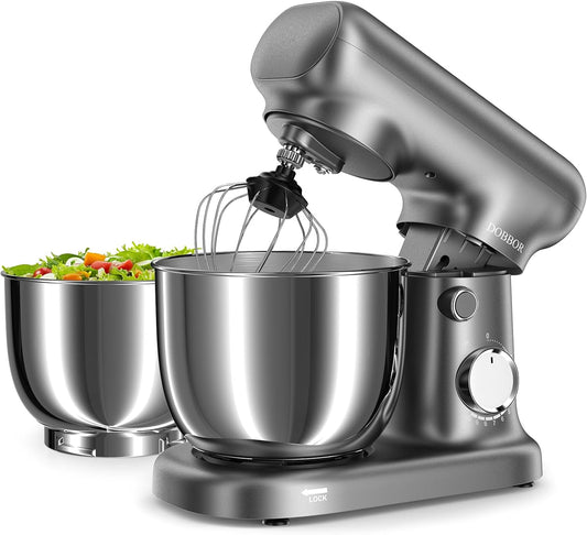 Stand Mixer with 3QT+3.5QT Dual Bowls, 10-Speed Electric 300W Food Mixer - Includes Egg Whisk, Dough Hook & Flat Beater for Home Baking & Daily Cooking (GraySilver)
