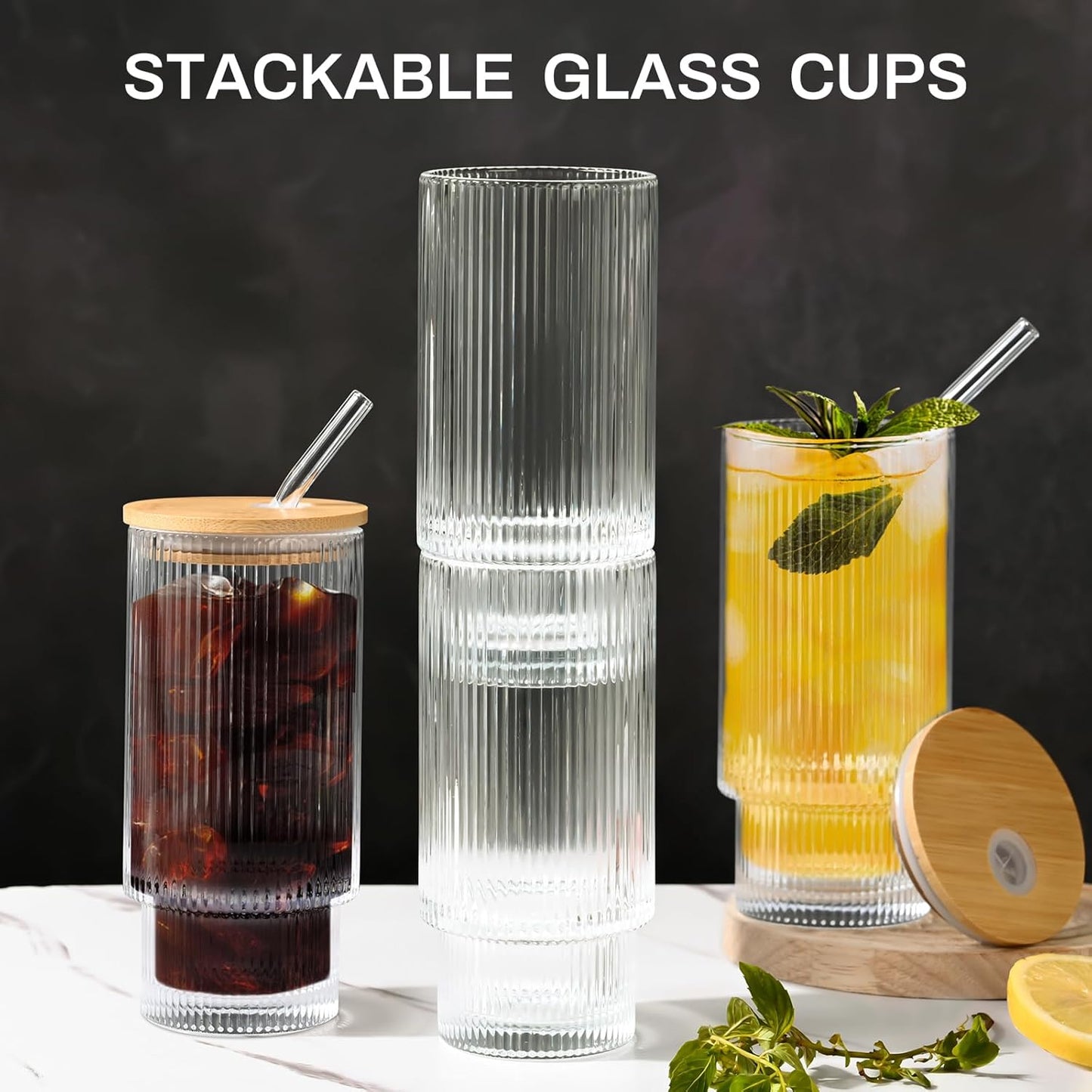 16OZ Ribbed Glass Cups with Lids and Straws,Iced Coffee Cups with Bamboo Lid,Vintage Glassware for Whiskey Cocktail Beer Fruit Juice Glasses Tumbler(6 Pack)