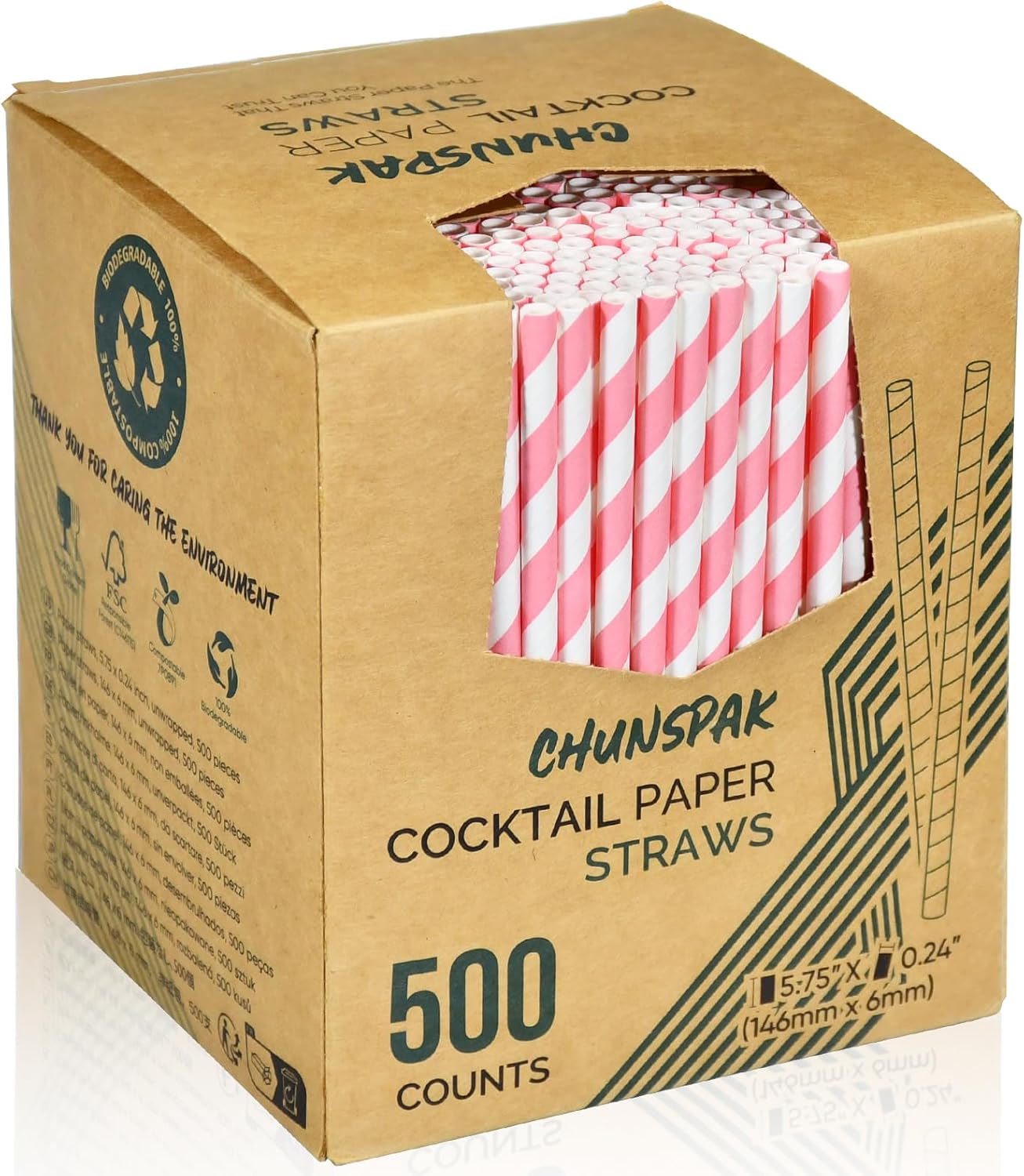 5.75 inch Short Pink Paper Straws 500 Counts, for Cocktail, Mixed Drinks, Cake Pops, Bars, Restaurants - Disposable, Compostable
