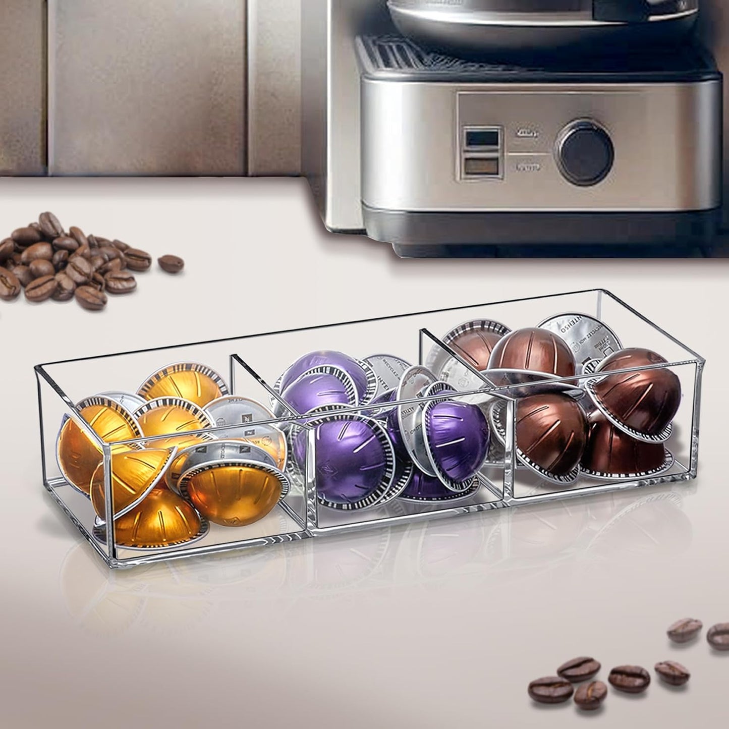 Amazing Abby - Deja Brew - Acrylic 3-Compartment Coffee Pod Holder, Large-Capacity Plastic Coffee Capsule Storage, BPA-Free and Shatter-Proof, Great for Use on Countertop or in Drawer