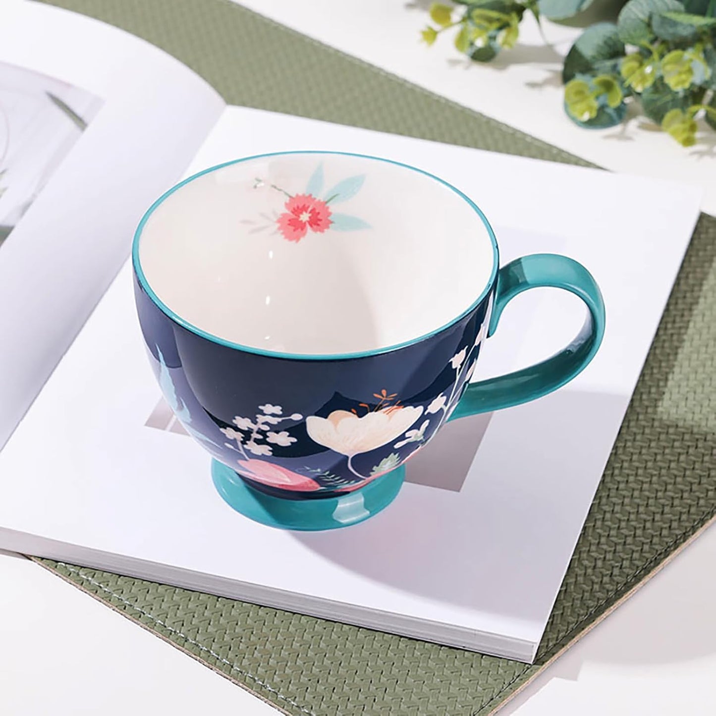 Vintage Flower Mugs – Large Ceramic Coffee Mug (15oz) – Cute Cereal Cup for Breakfast, Oatmeal Tea & Hot Drinks – Handmade Ceramic Cup with Floral Design